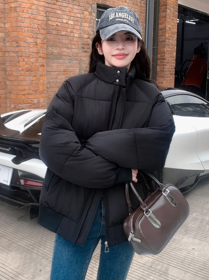 Retro Solid Women's Puffer Jacket with Stand Collar - Perfect for Cold Weather