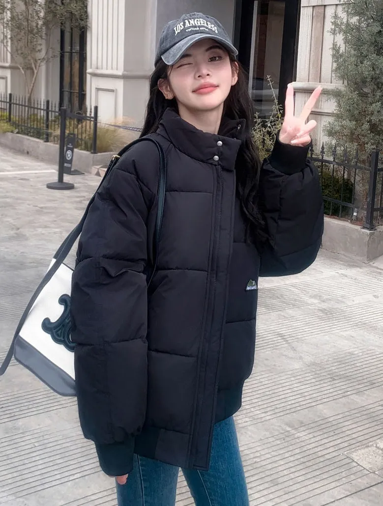 Retro Solid Women's Puffer Jacket with Stand Collar - Perfect for Cold Weather