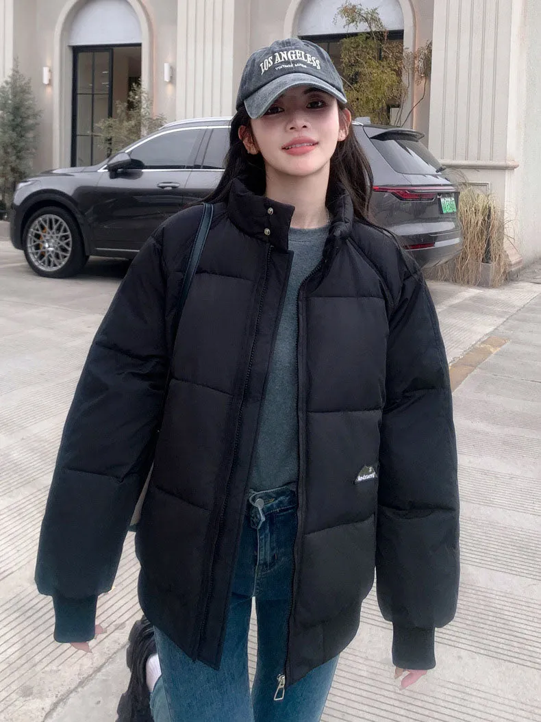 Retro Solid Women's Puffer Jacket with Stand Collar - Perfect for Cold Weather