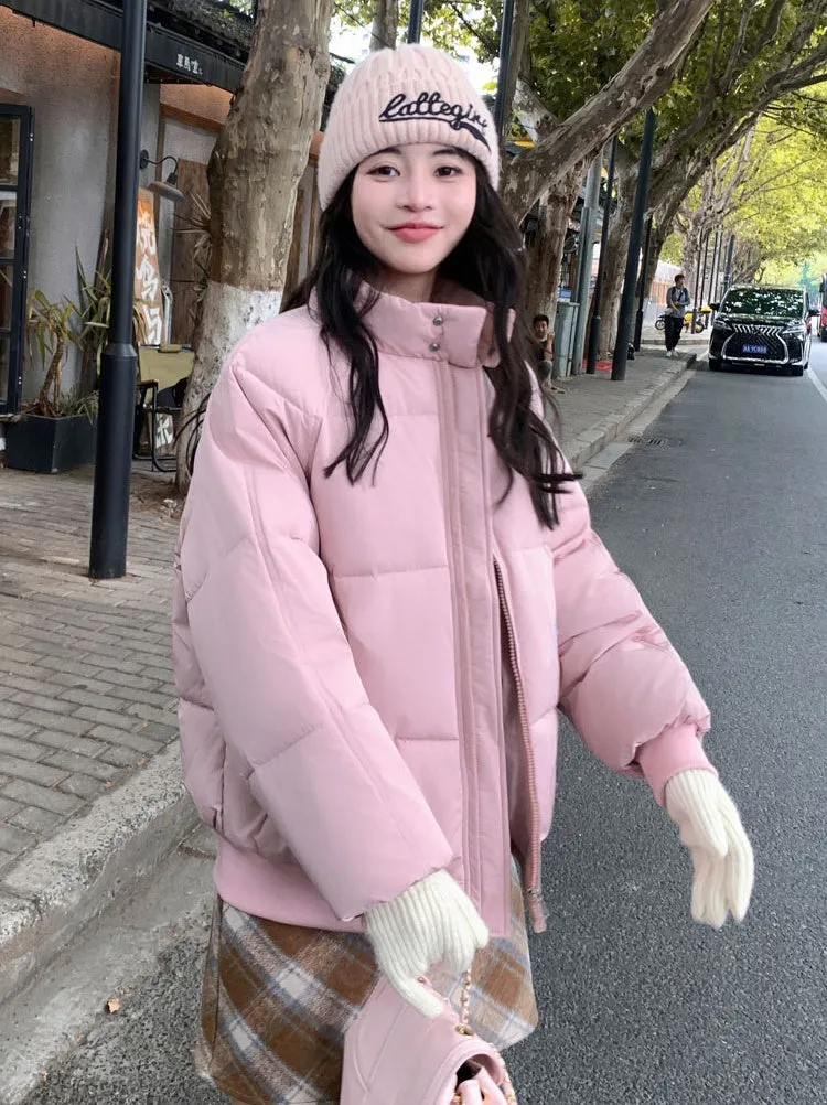 Retro Solid Women's Puffer Jacket with Stand Collar - Perfect for Cold Weather