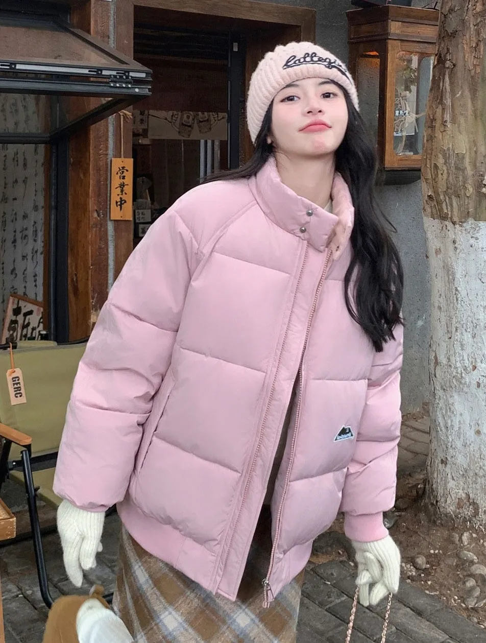 Retro Solid Women's Puffer Jacket with Stand Collar - Perfect for Cold Weather