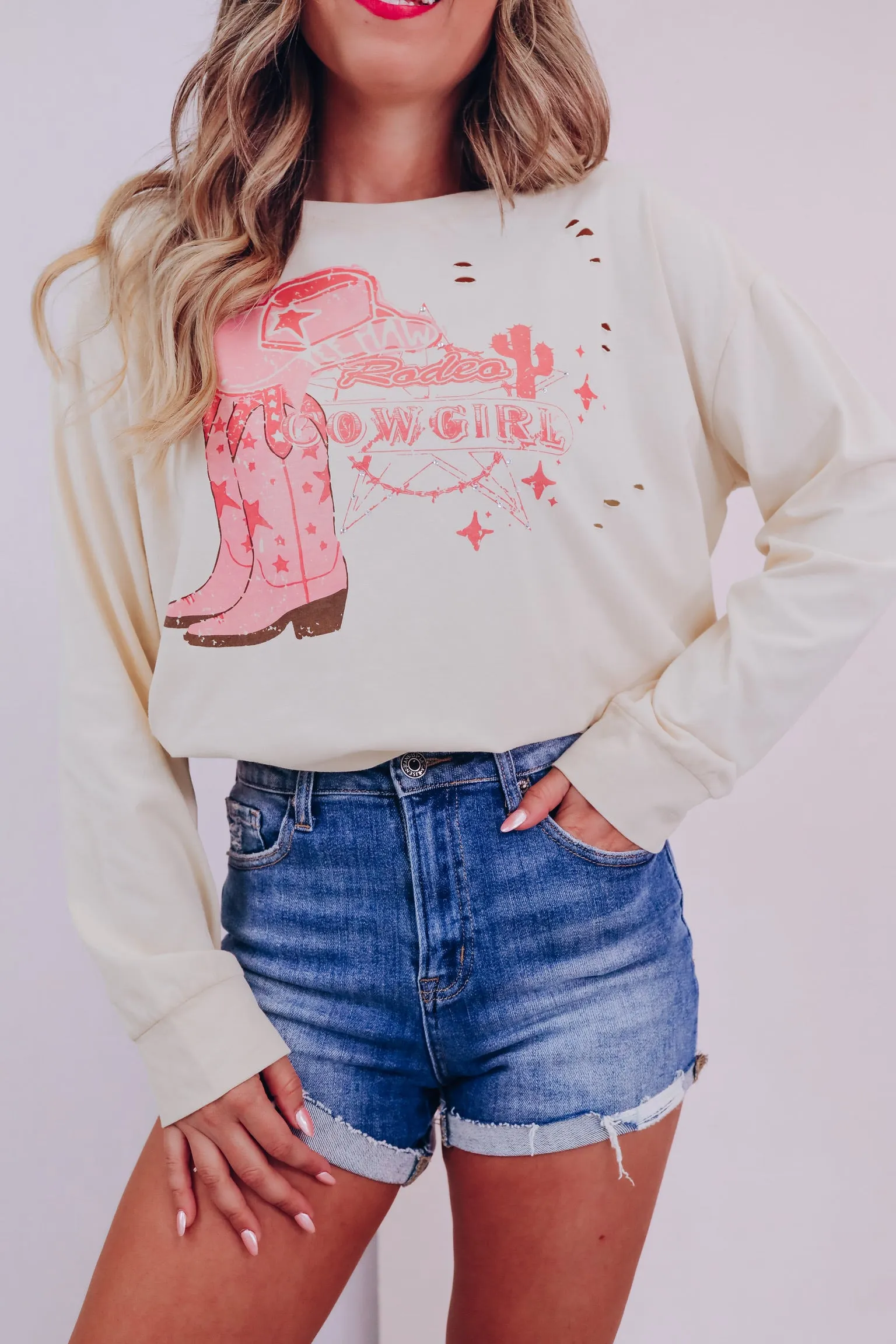 Rodeo Cowgirl Rhinestone Graphic Tee - Cream