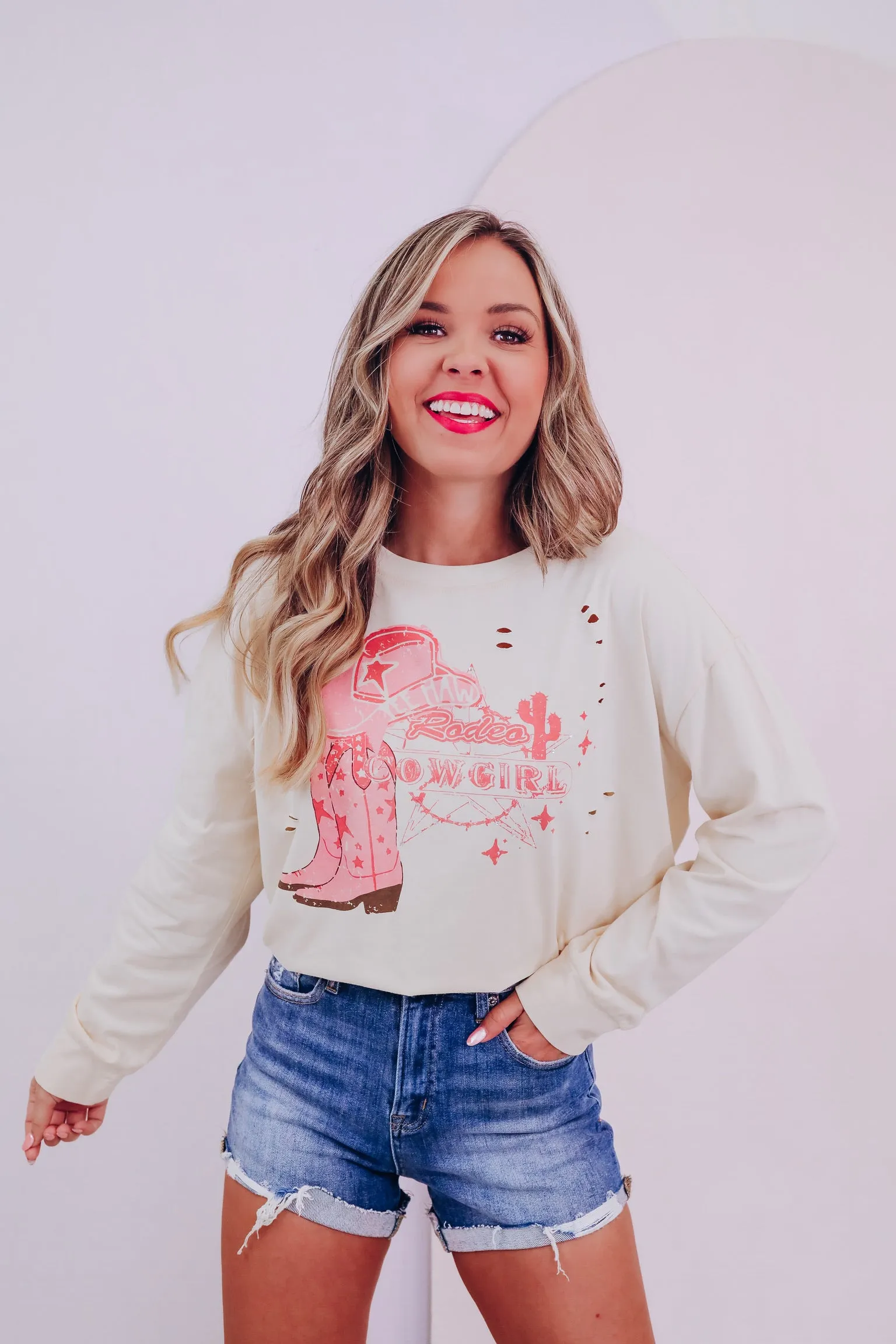 Rodeo Cowgirl Rhinestone Graphic Tee - Cream