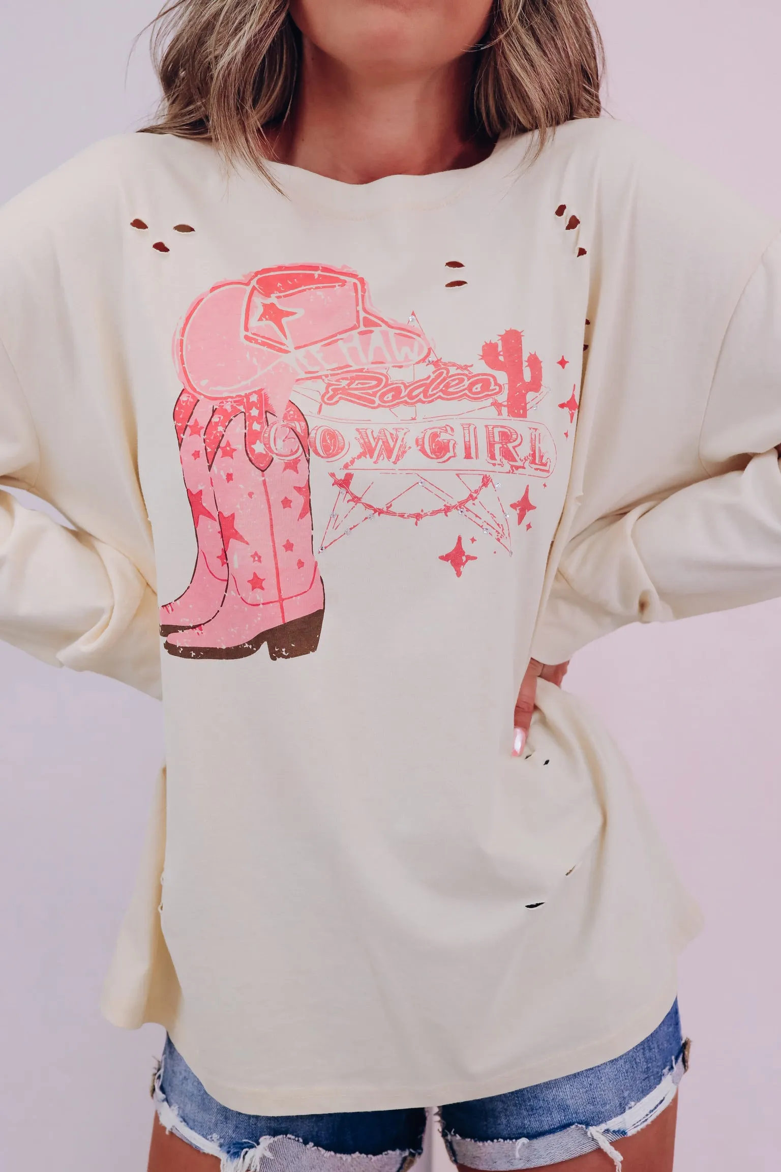 Rodeo Cowgirl Rhinestone Graphic Tee - Cream