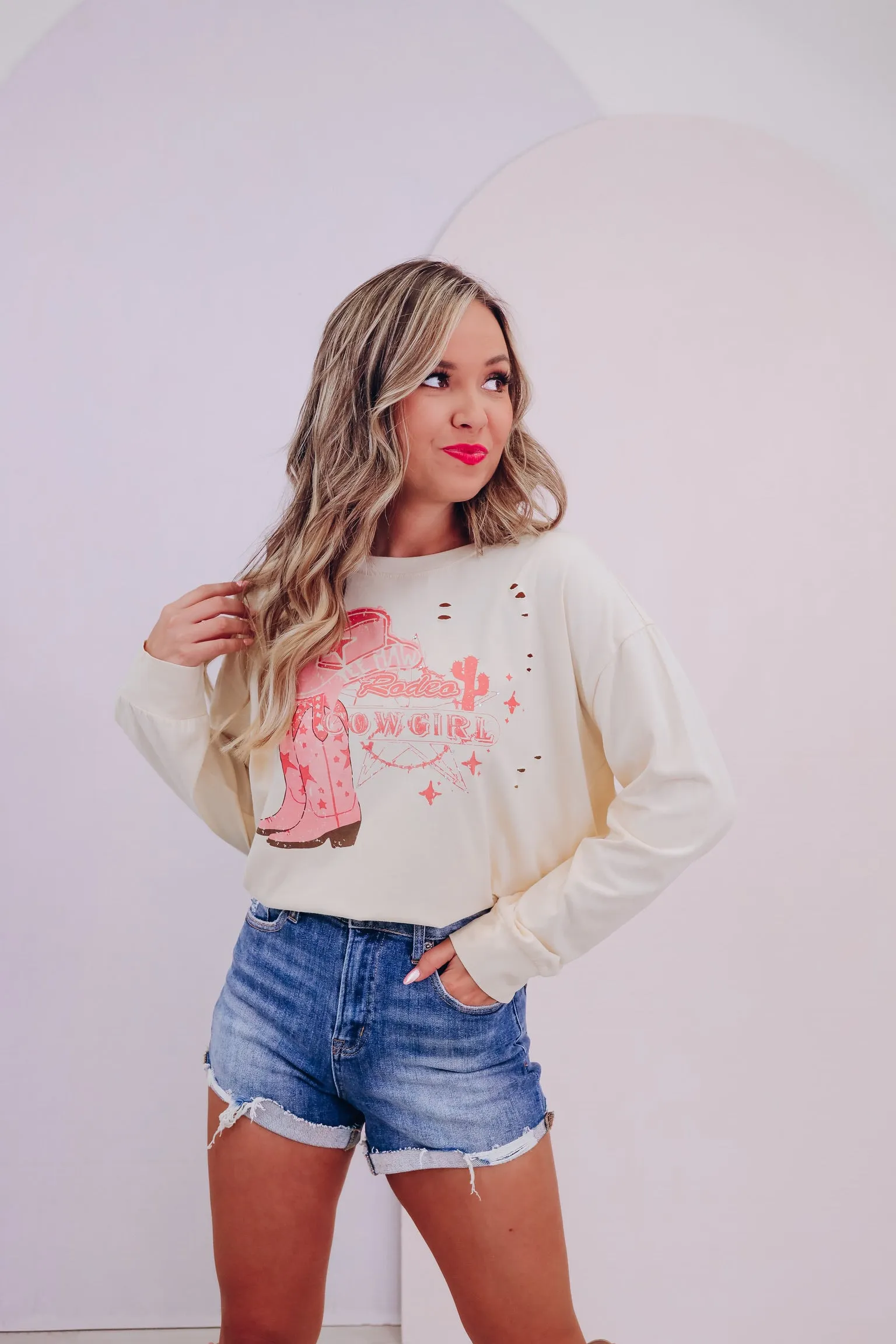 Rodeo Cowgirl Rhinestone Graphic Tee - Cream