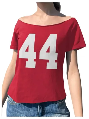 RoseSeek Womens Jersey Top Off The Shoulder Number Graphic Tee Short Sleeve Slim Fit Vintage Going Out Tshirts Red Large