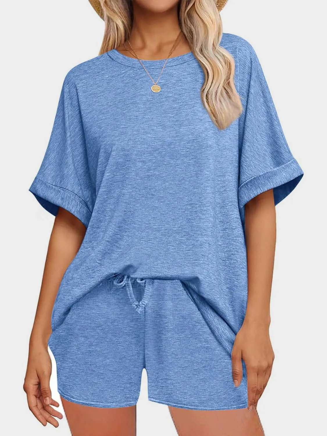 Round Neck T-Shirt and Drawstring Shorts Set. Variety Of Colors.