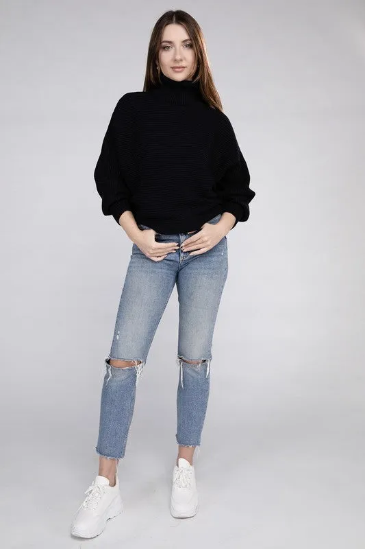 Ruthie Dolman Sleeve Turtleneck Sweater – Ribbed Knit, Loose Fit