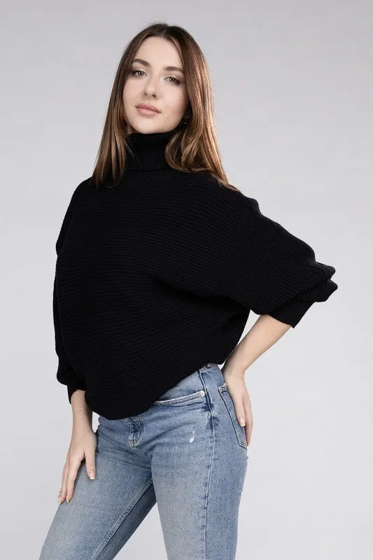 Ruthie Dolman Sleeve Turtleneck Sweater – Ribbed Knit, Loose Fit