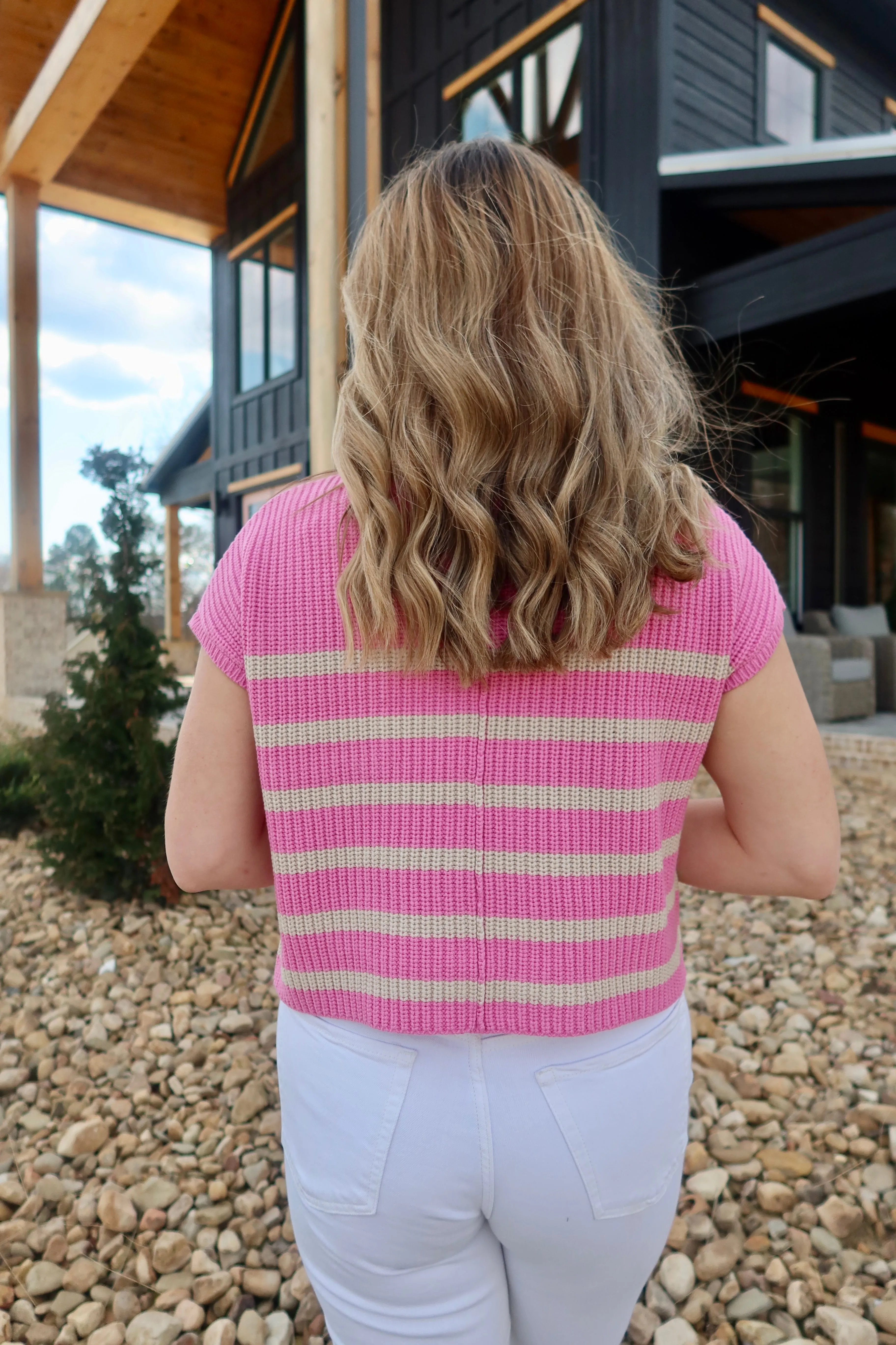 SHORT SLEEVE STRIPE SWEATER