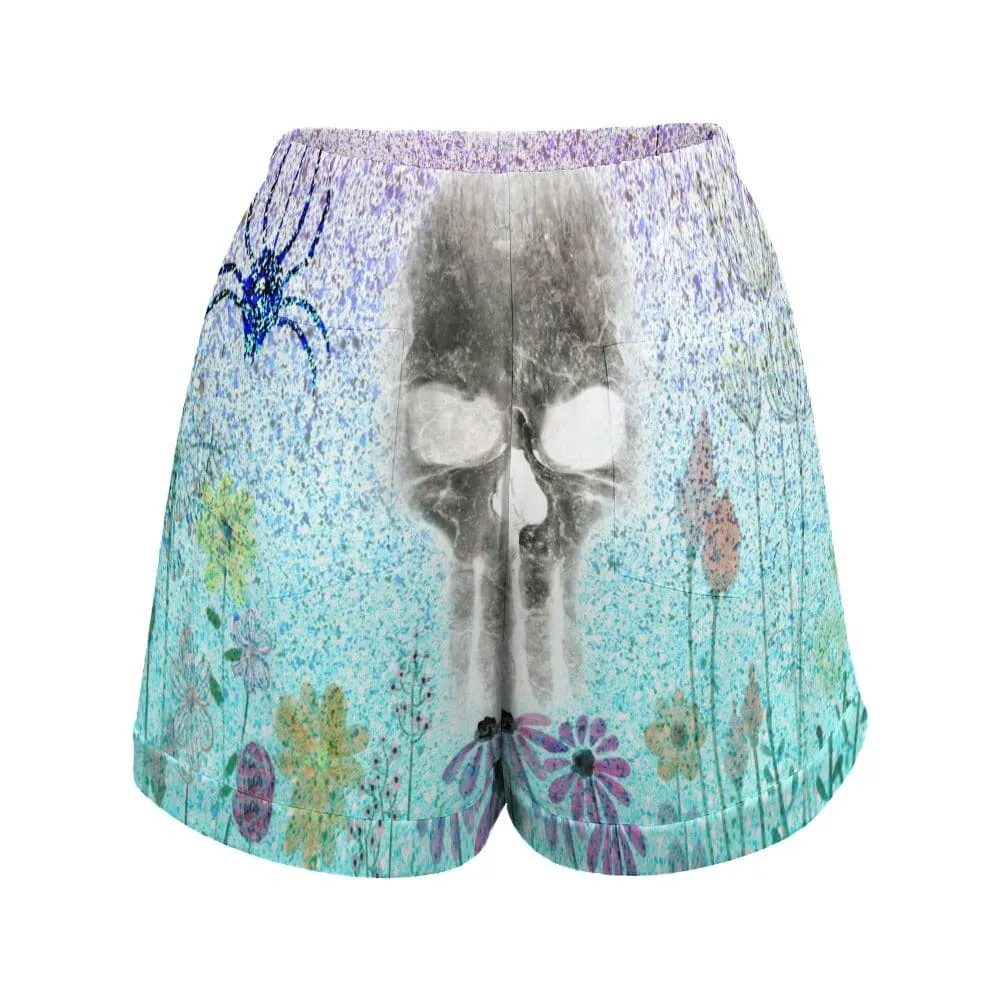 Skull Floral Spider High Waist Loose Elastic Waist Shorts