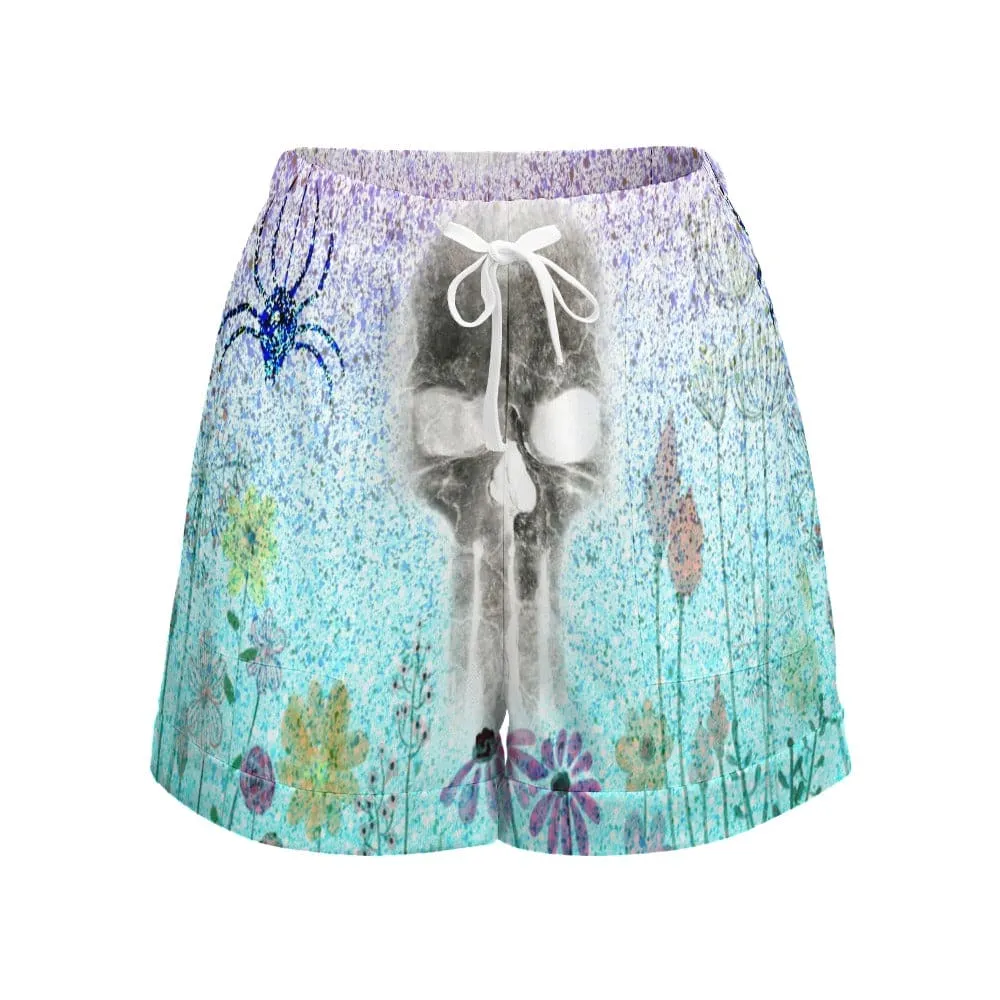 Skull Floral Spider High Waist Loose Elastic Waist Shorts
