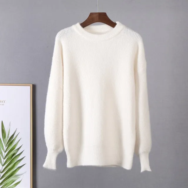 Soft Loose Knitted Cashmere Sweaters Winter Loose Solid Female Pullovers Warm Basic Knitwear Jumper