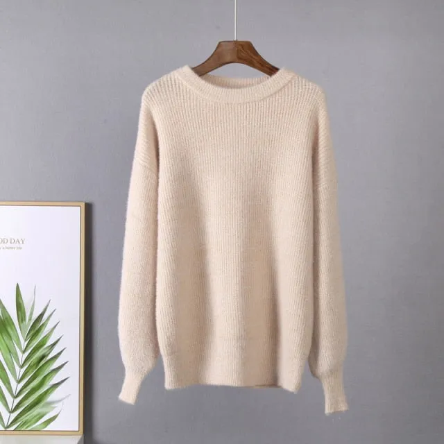 Soft Loose Knitted Cashmere Sweaters Winter Loose Solid Female Pullovers Warm Basic Knitwear Jumper