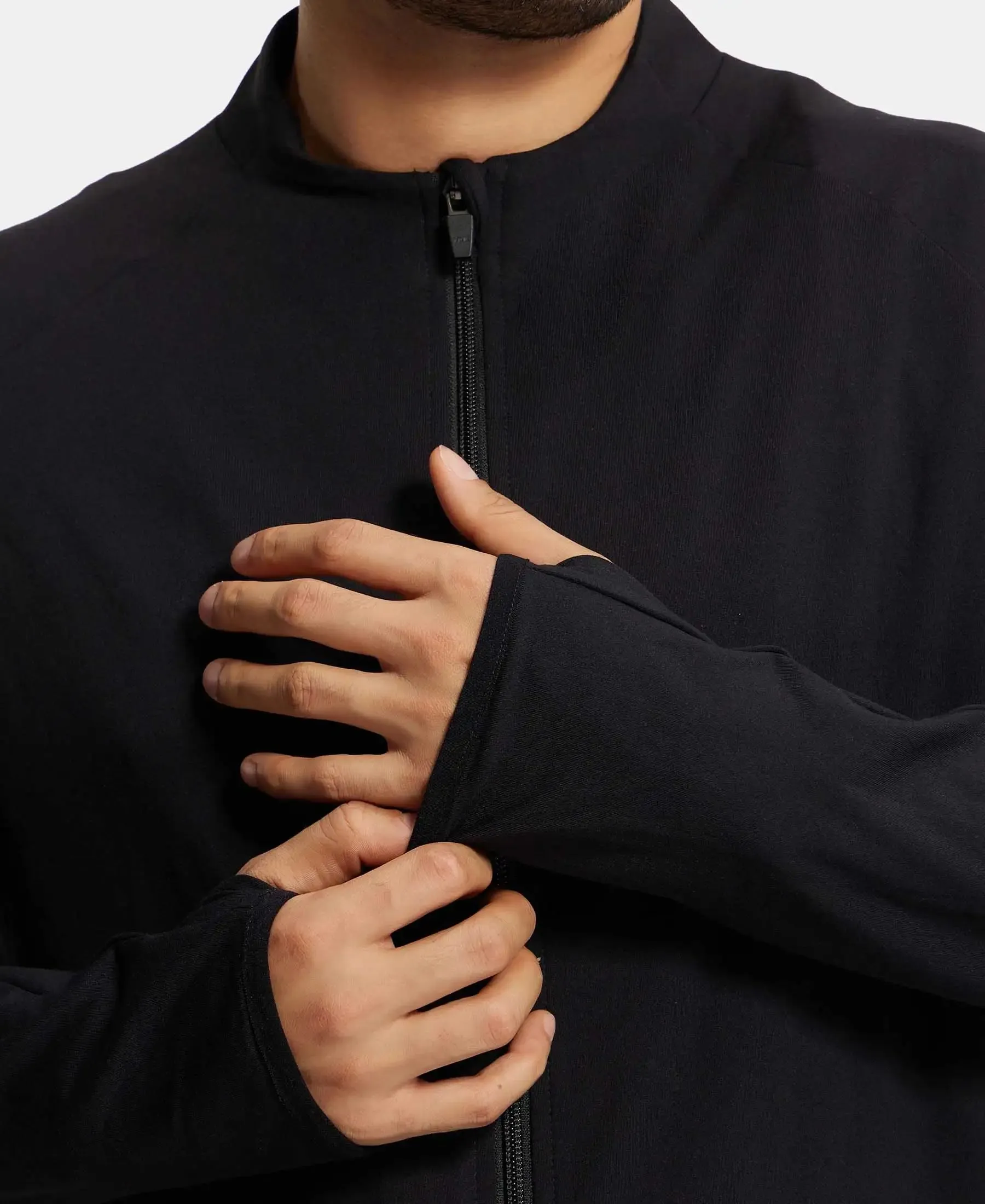 Soft Touch Microfiber Elastane Stretch Jacket with Thumbhole Styling - Black
