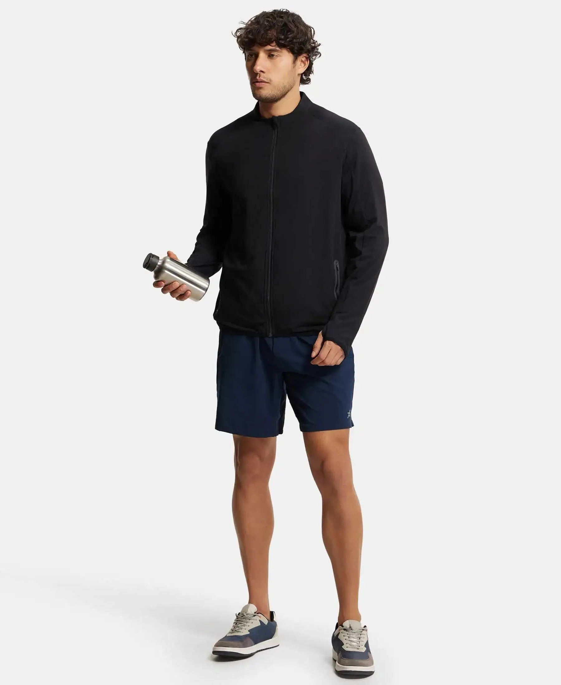 Soft Touch Microfiber Elastane Stretch Jacket with Thumbhole Styling - Black