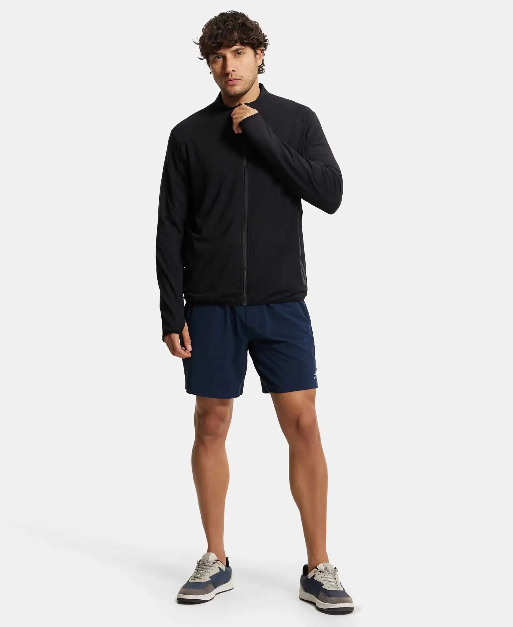 Soft Touch Microfiber Elastane Stretch Jacket with Thumbhole Styling - Black