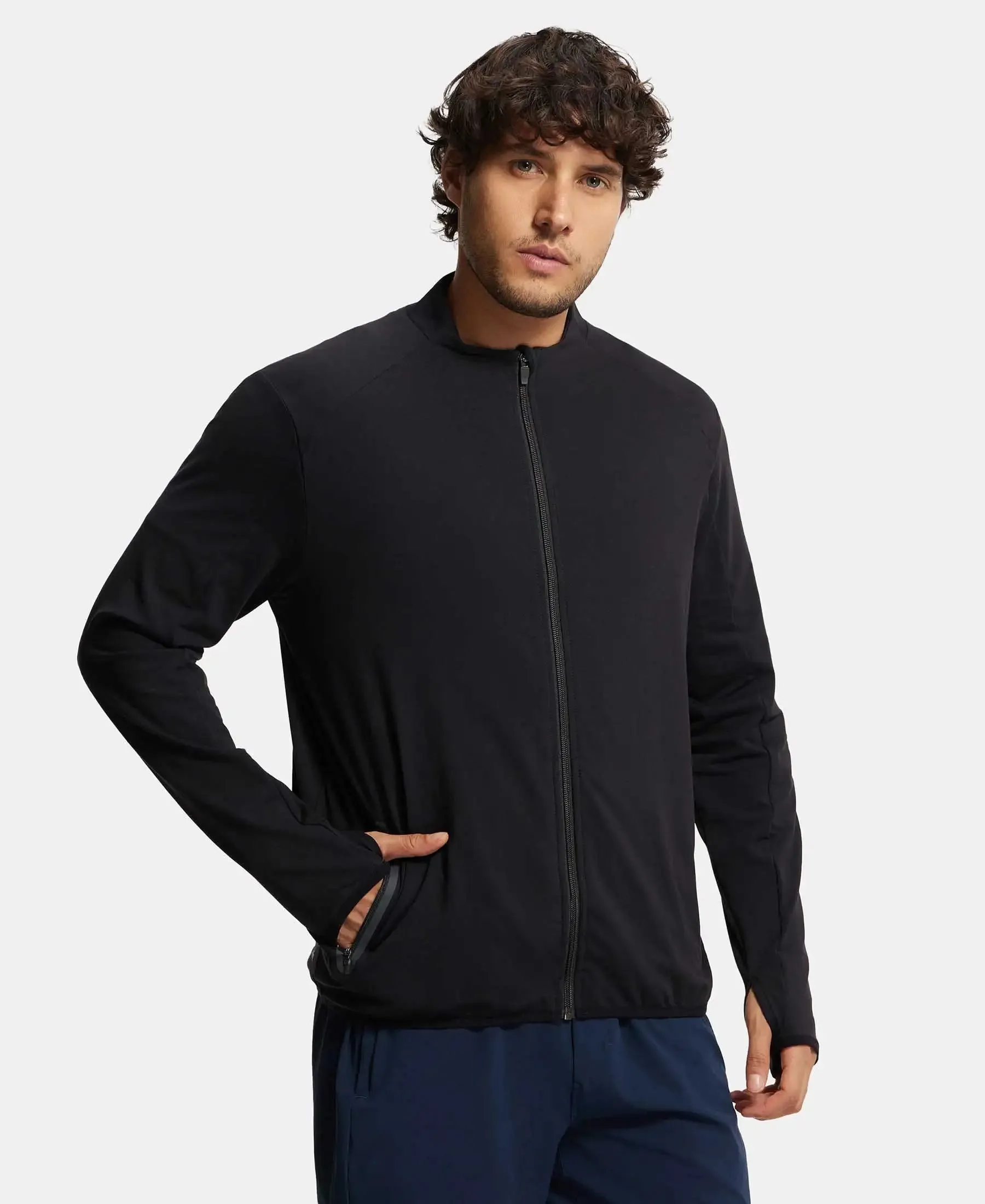 Soft Touch Microfiber Elastane Stretch Jacket with Thumbhole Styling - Black