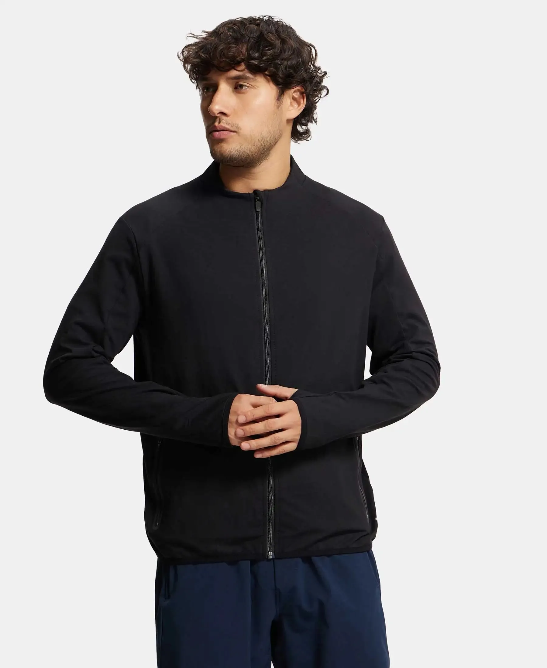Soft Touch Microfiber Elastane Stretch Jacket with Thumbhole Styling - Black