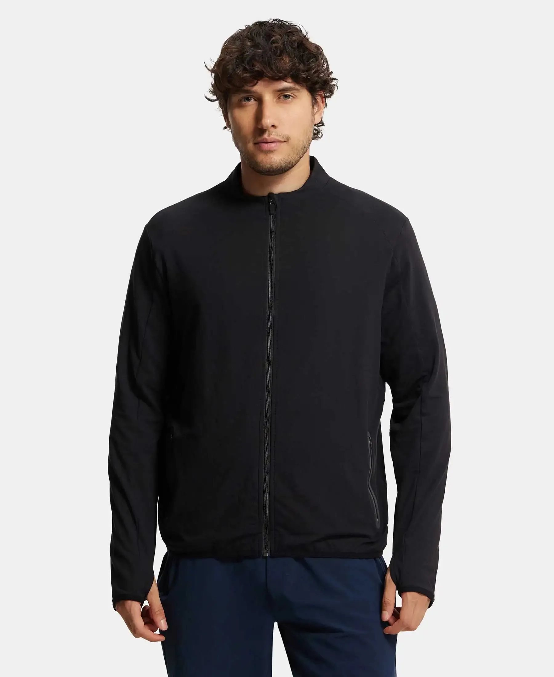 Soft Touch Microfiber Elastane Stretch Jacket with Thumbhole Styling - Black