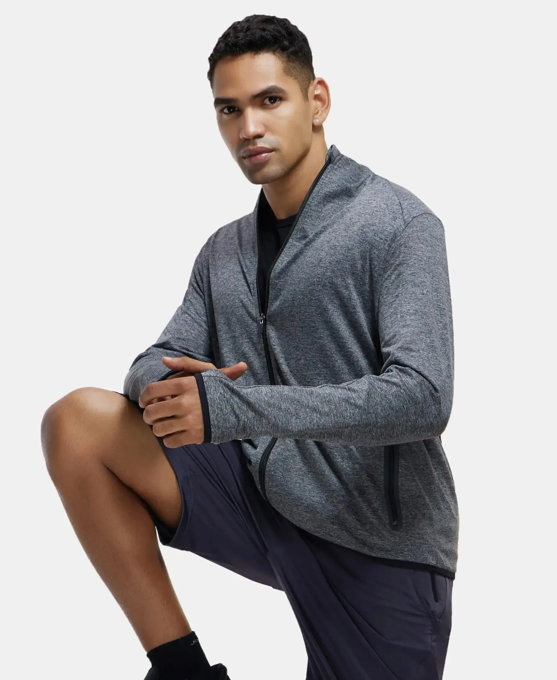 Soft Touch Microfiber Elastane Stretch Jacket with Thumbhole Styling - Grey Marl