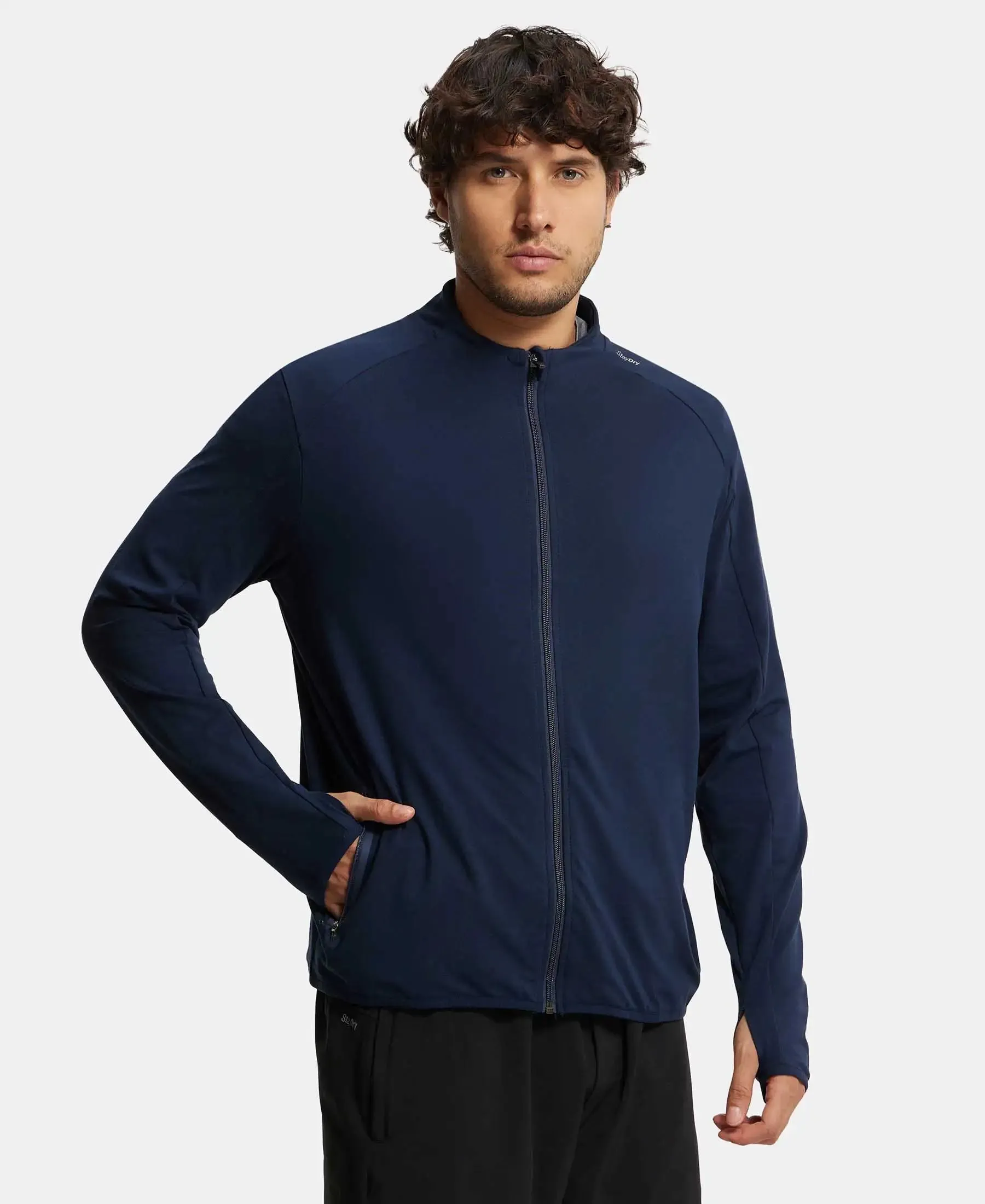 Soft Touch Microfiber Elastane Stretch Jacket with Thumbhole Styling - Navy