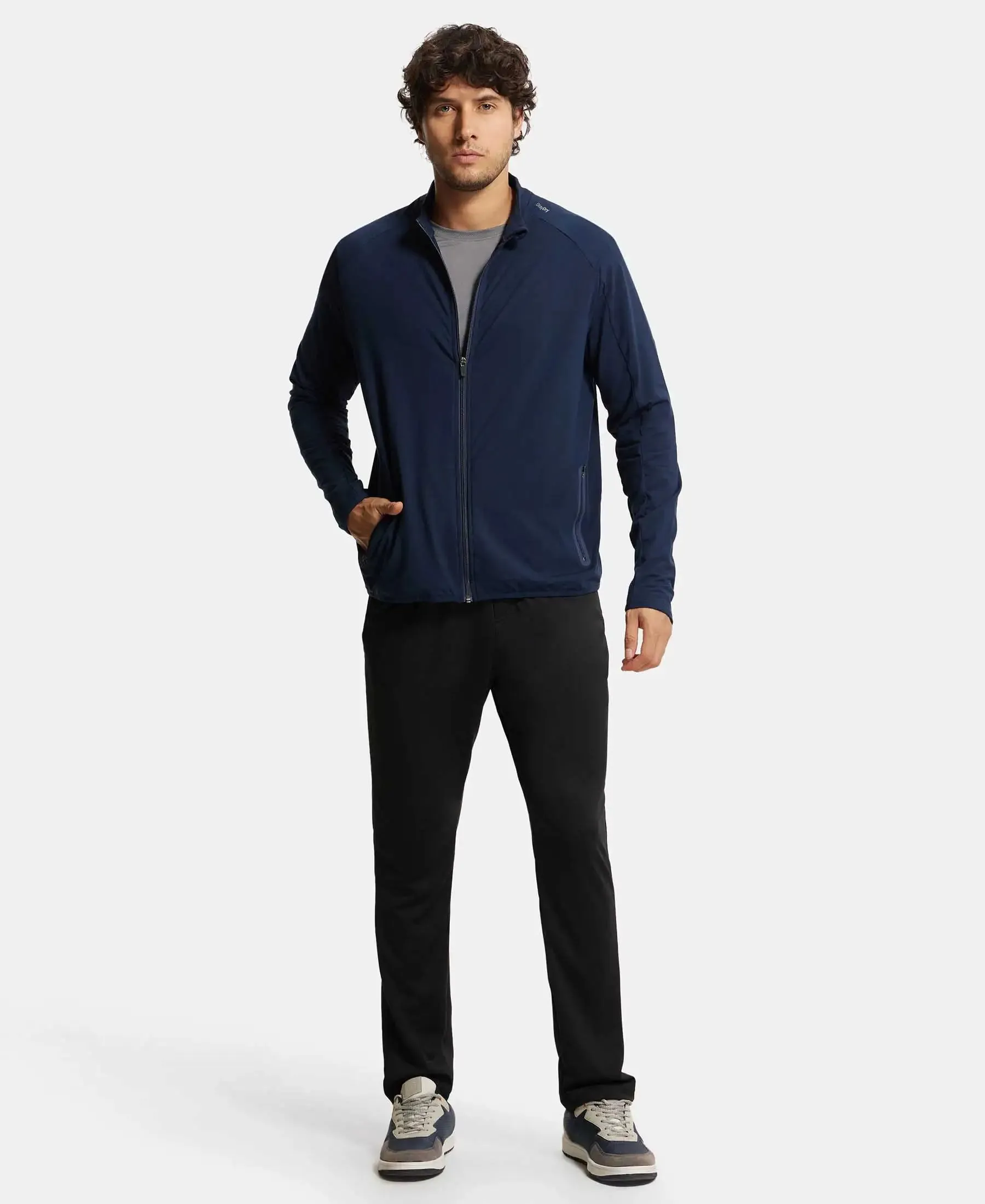 Soft Touch Microfiber Elastane Stretch Jacket with Thumbhole Styling - Navy