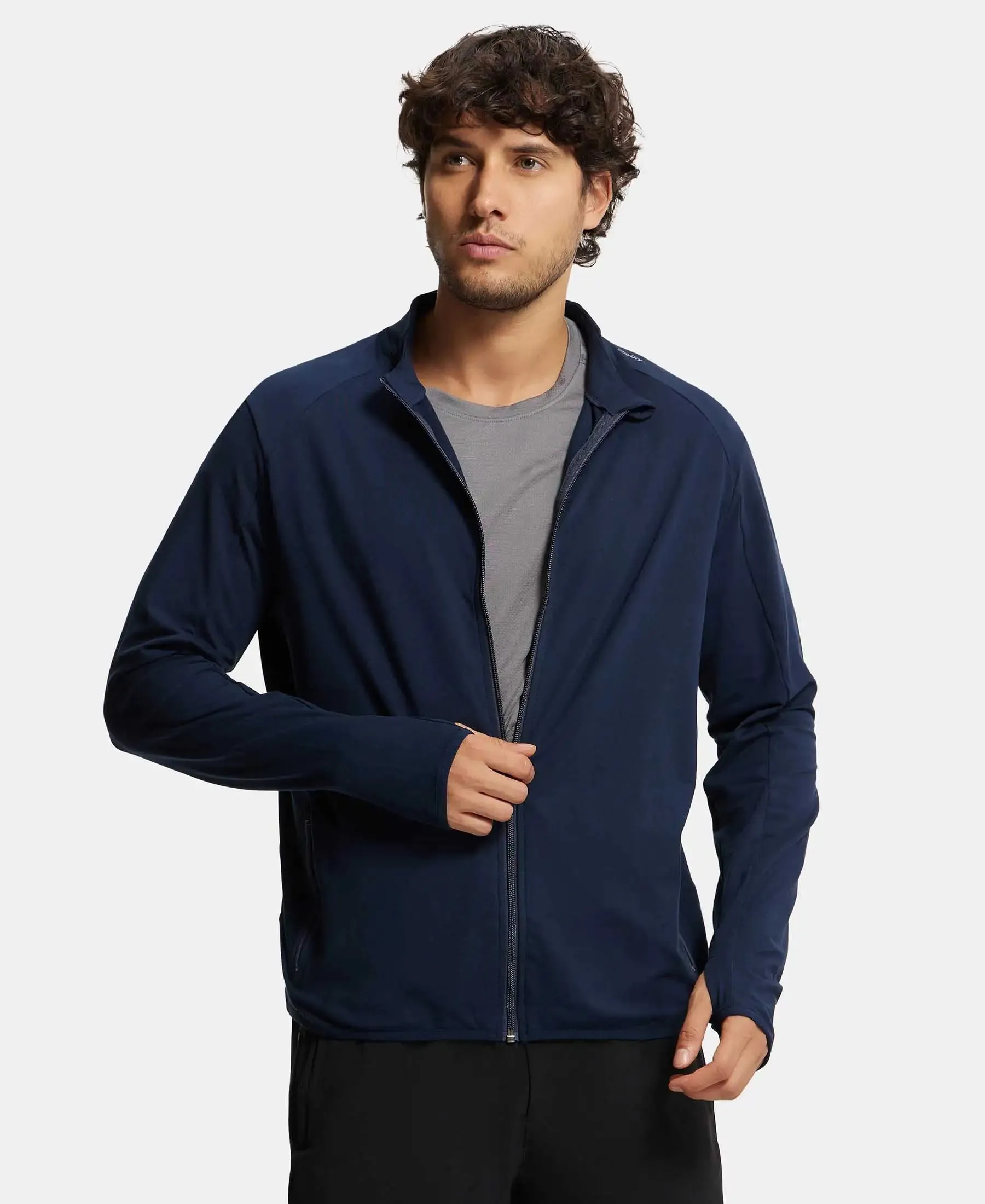 Soft Touch Microfiber Elastane Stretch Jacket with Thumbhole Styling - Navy