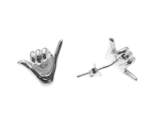 SOLID 925 STERLING SILVER RHODIUM HAWAIIAN "SHAKA" HANG LOOSE STUD POST EARRINGS