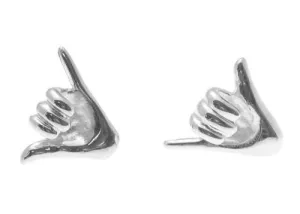 SOLID 925 STERLING SILVER RHODIUM HAWAIIAN "SHAKA" HANG LOOSE STUD POST EARRINGS
