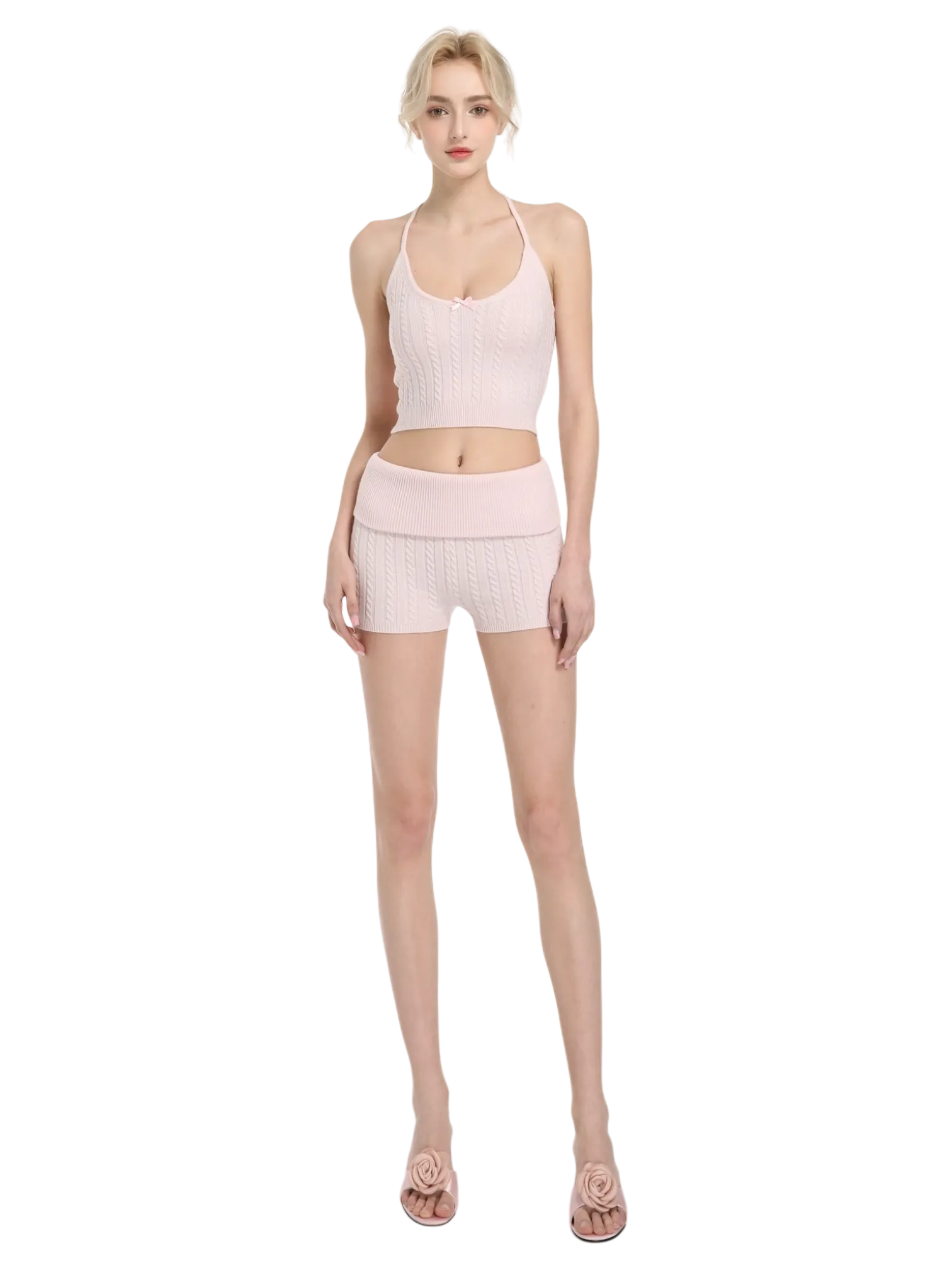 Spring Kissed Knit Halter and Shorts Set (Baby Pink)
