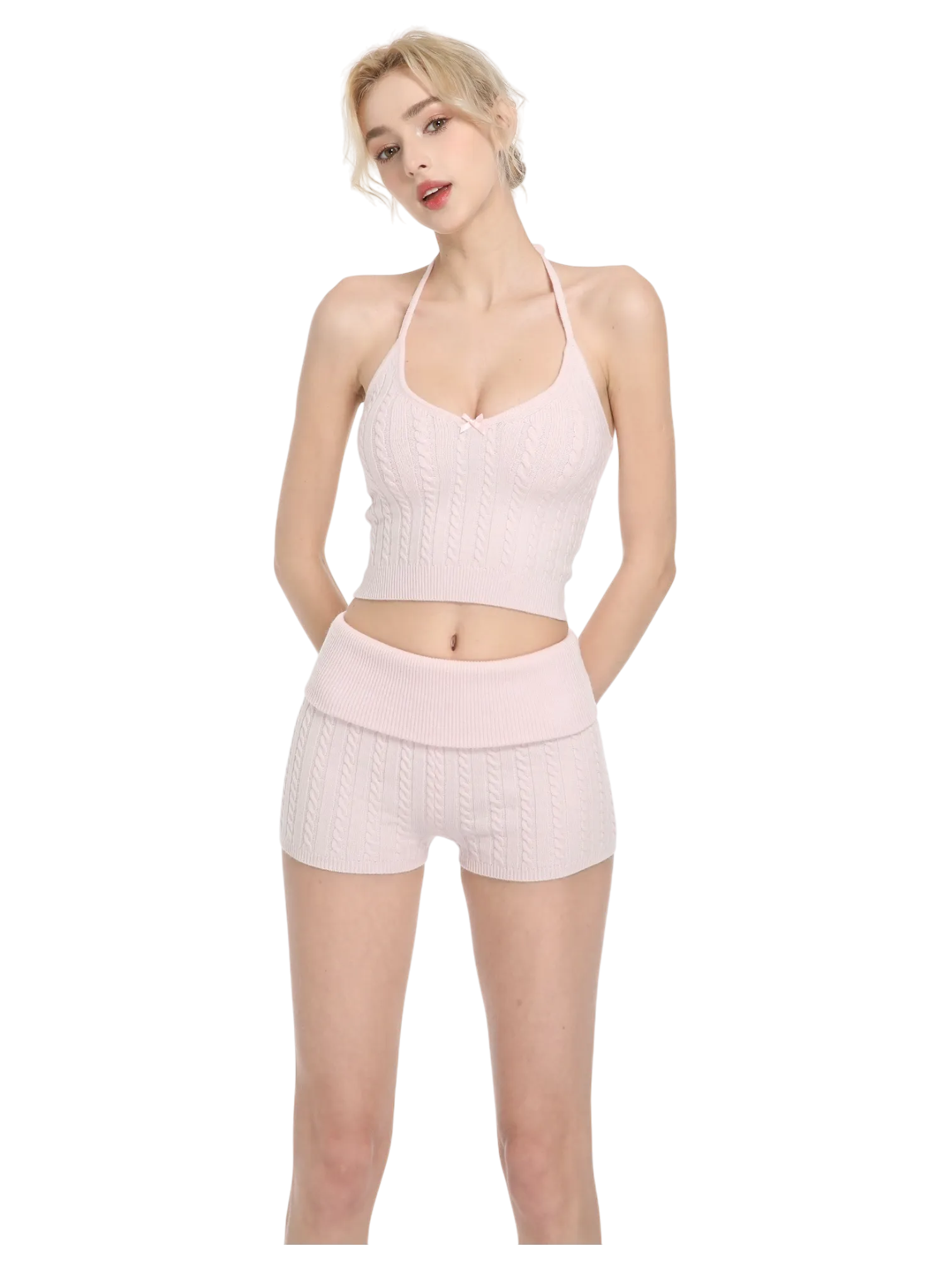 Spring Kissed Knit Halter and Shorts Set (Baby Pink)