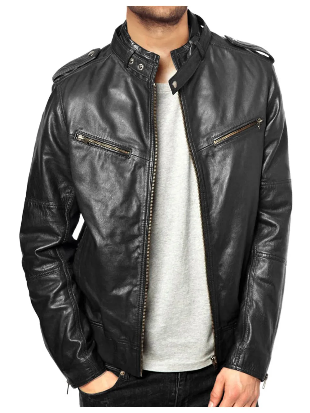 Stand Collar Classy Leather Bomber Jackets for Men