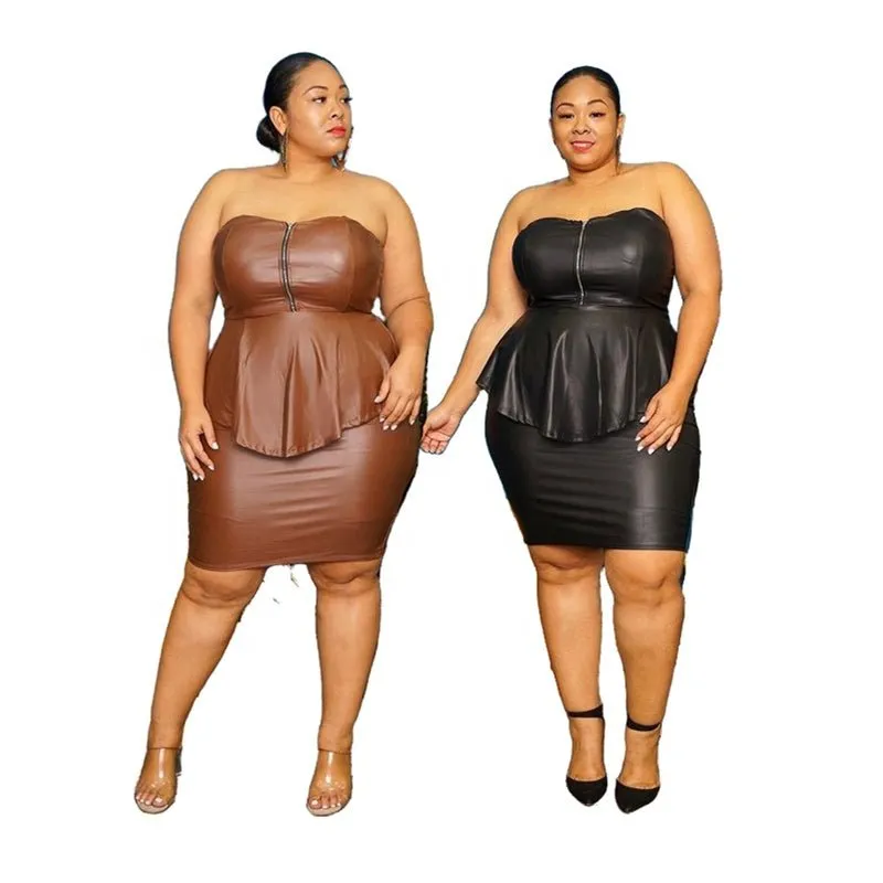 Strapless PU Leather Skirts Sets Plus Size