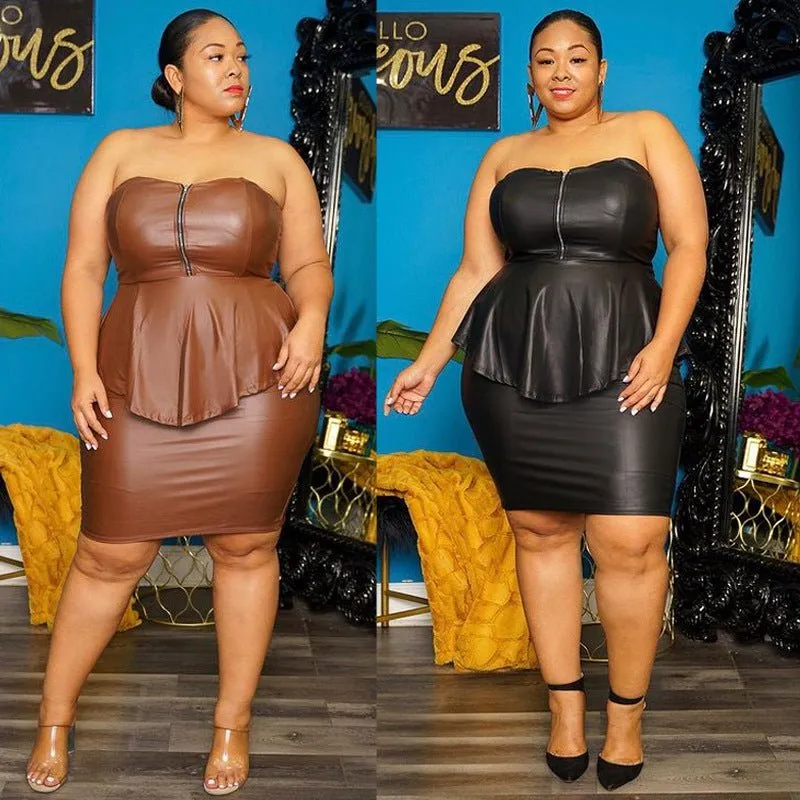 Strapless PU Leather Skirts Sets Plus Size