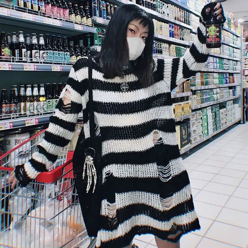 Striped Gothic Pullover Ripped Sweaters