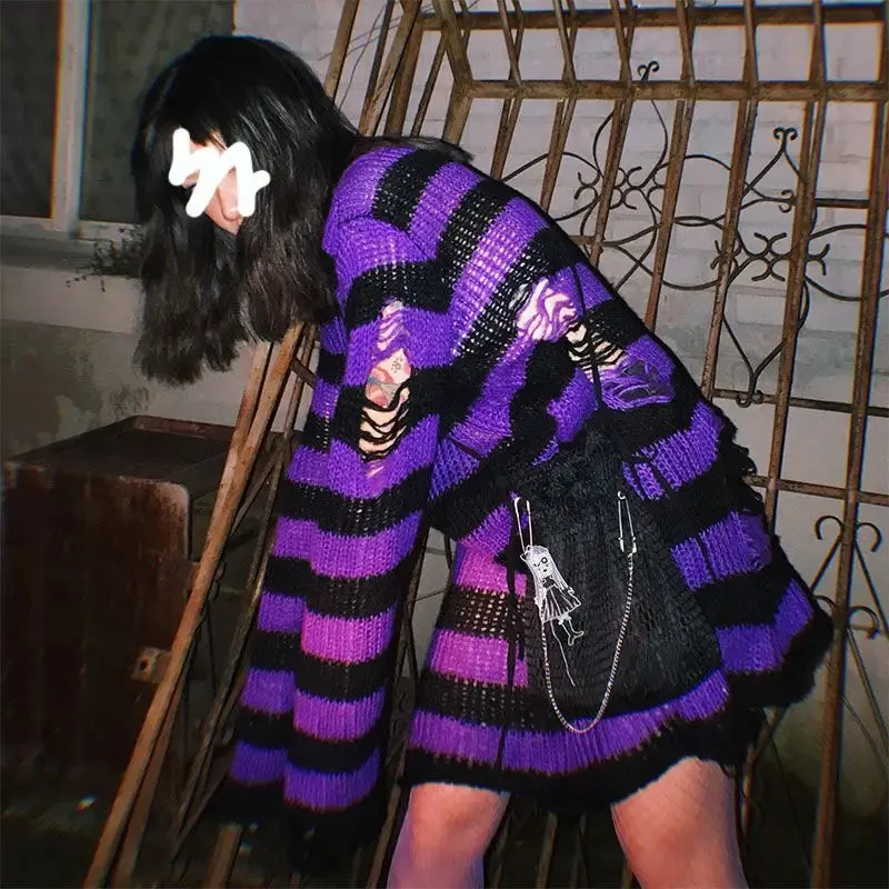 Striped Gothic Pullover Ripped Sweaters