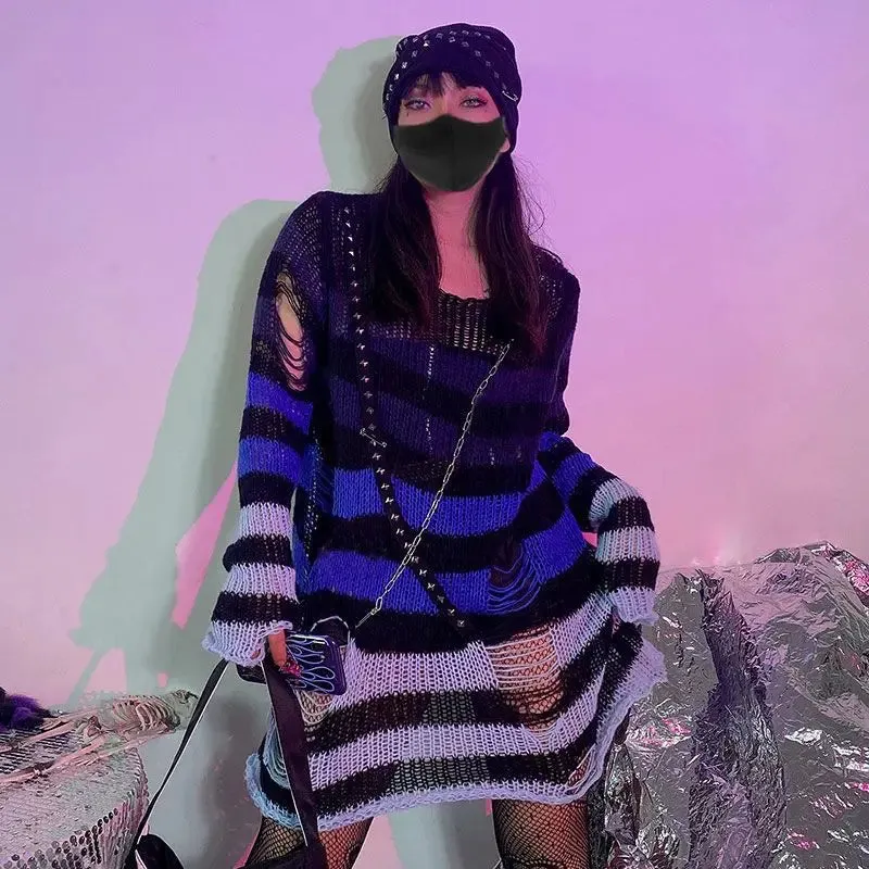Striped Gothic Pullover Ripped Sweaters