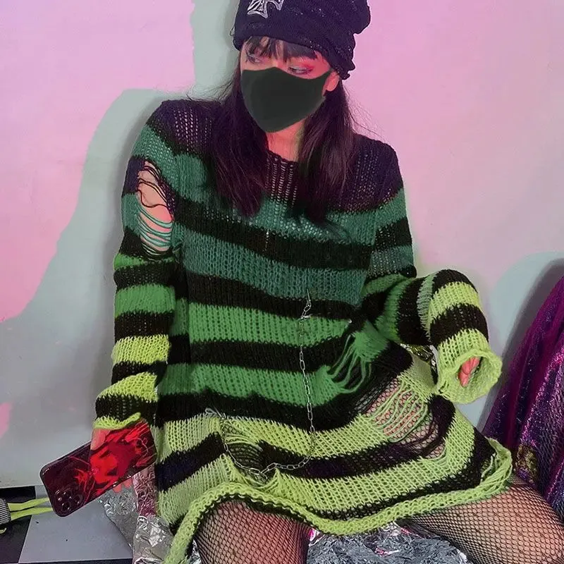 Striped Gothic Pullover Ripped Sweaters