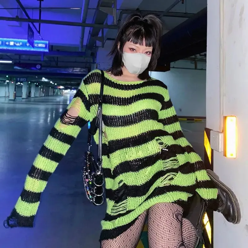 Striped Gothic Pullover Ripped Sweaters