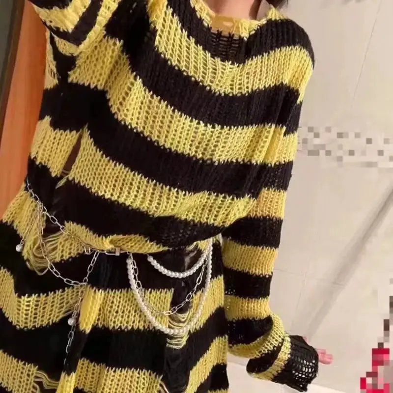 Striped Gothic Pullover Ripped Sweaters