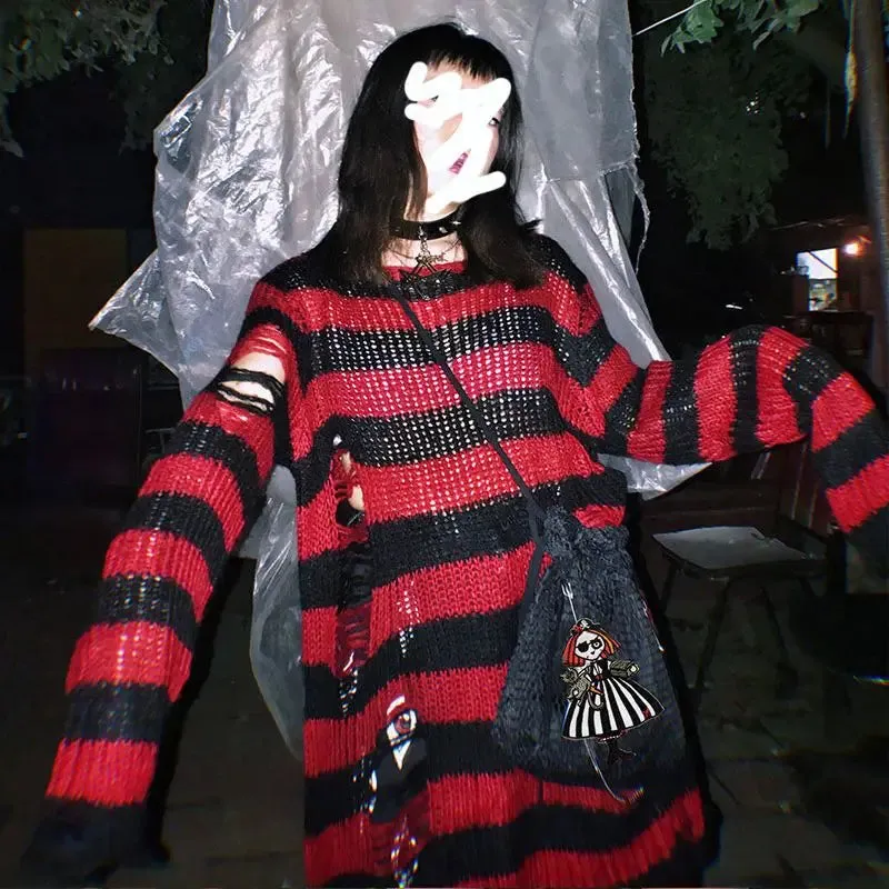 Striped Gothic Pullover Ripped Sweaters