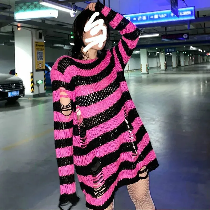 Striped Gothic Pullover Ripped Sweaters