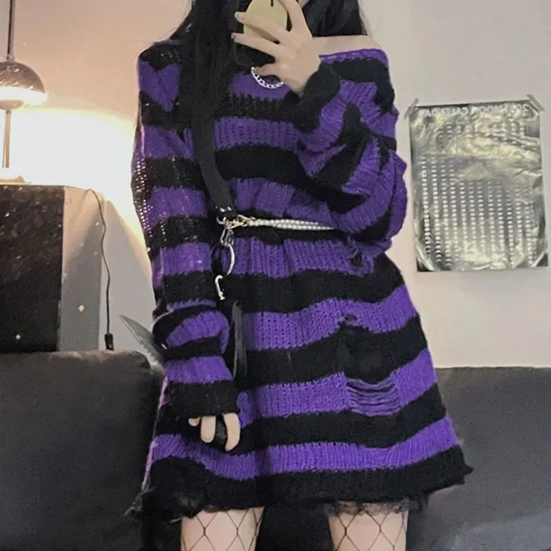 Striped Gothic Pullover Ripped Sweaters