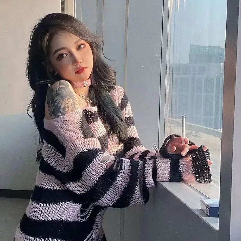 Striped Gothic Pullover Ripped Sweaters