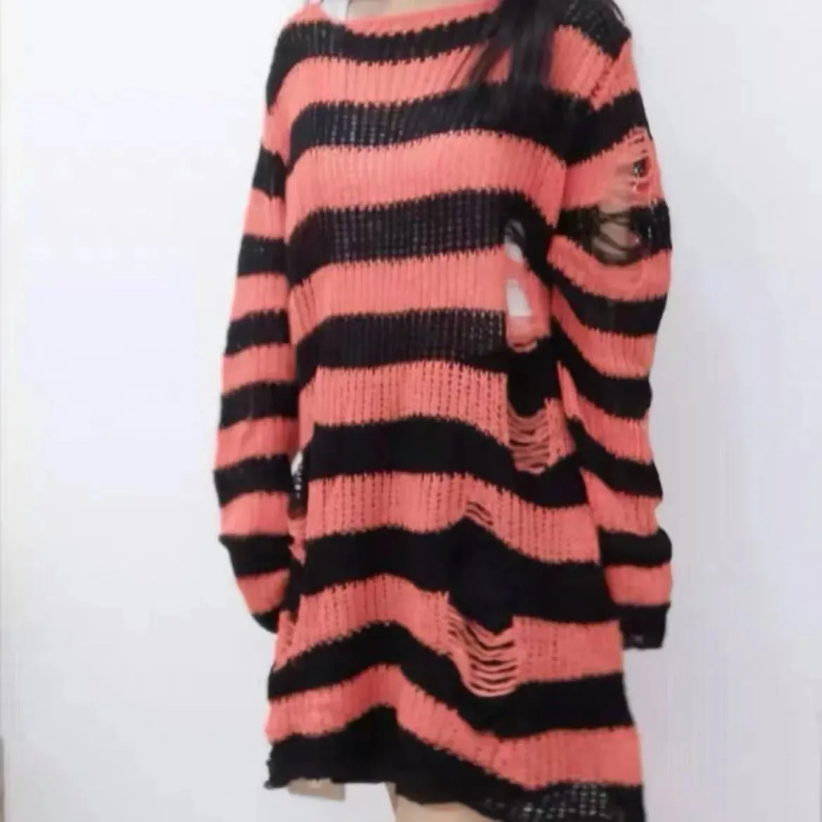 Striped Gothic Pullover Ripped Sweaters