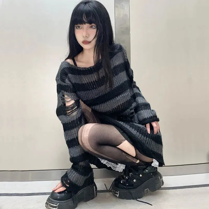 Striped Gothic Pullover Ripped Sweaters