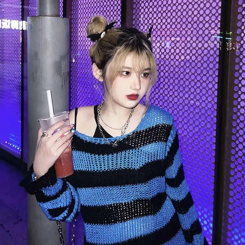 Striped Gothic Pullover Ripped Sweaters