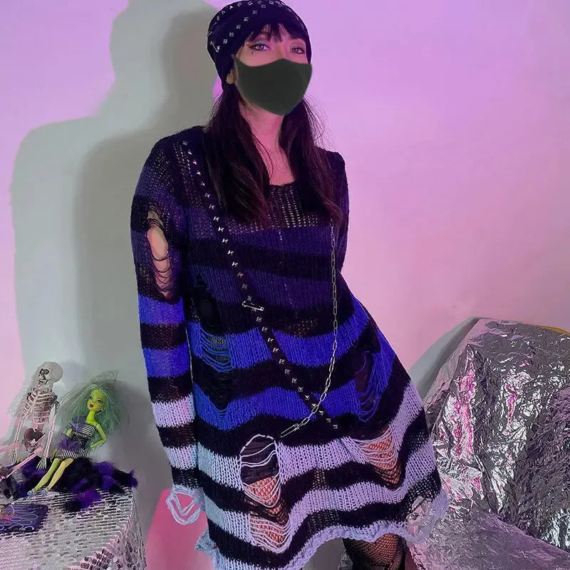 Striped Gothic Pullover Ripped Sweaters