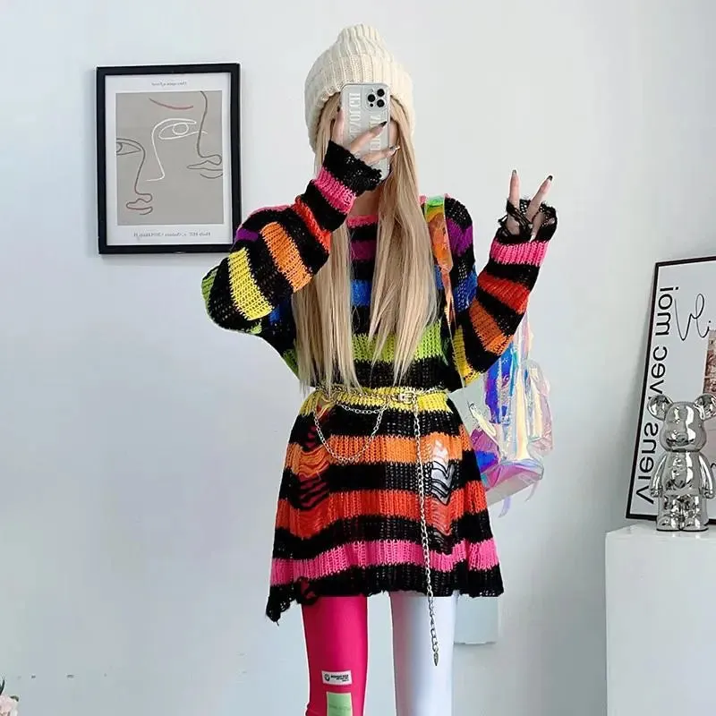 Striped Gothic Pullover Ripped Sweaters